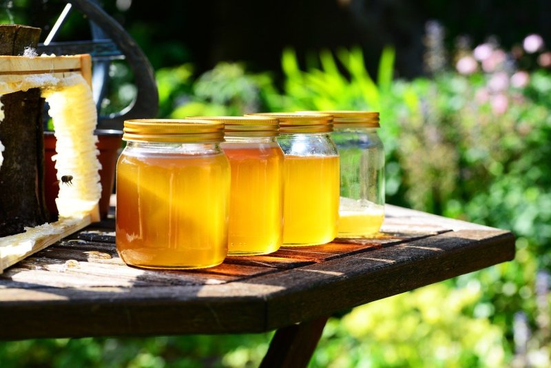 Vier Gläser mit Honig stehen nebeneinander auf einem Holzbrett