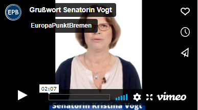 Senatorin Vogt spricht in die Kamera; Grußwort Senatorin Vogt; EuropaPunktBremen