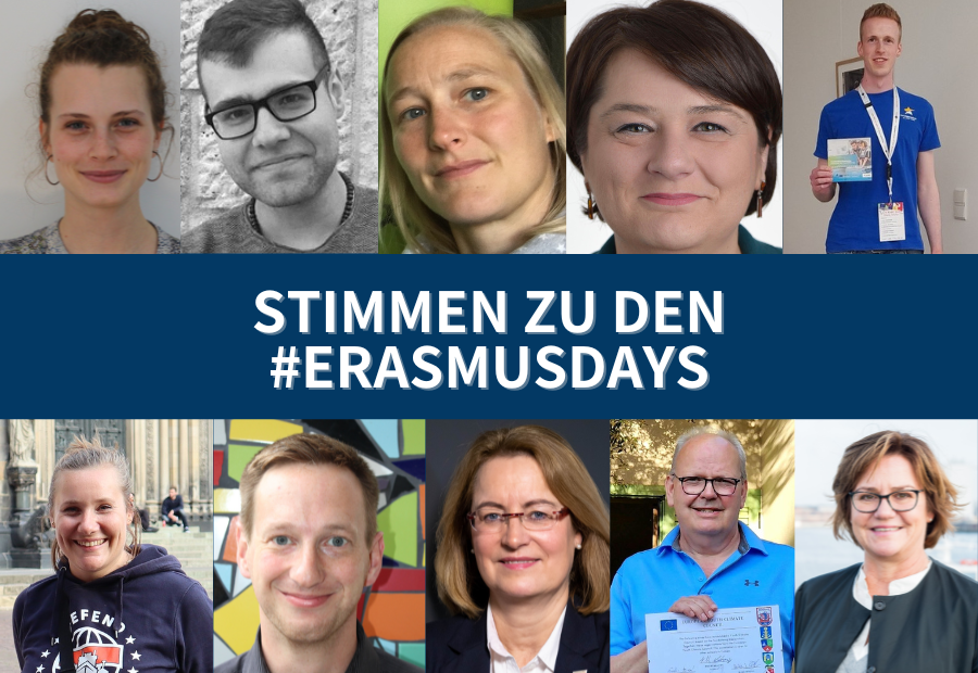 10 Portraits von verschiedenen Menschen sind rund im einen Banner mit dem TEyt "Stimmen zu den Erasmusdays" platziert