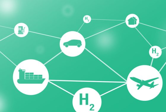 Eine Grafik mit vielen Symbolen wie das Zeichen H2, ein Auto ein Haus, ein Flugzeug, eine Takzapfsäule und Gebäude, welche alle miteinander durch Striche vernetzt sind