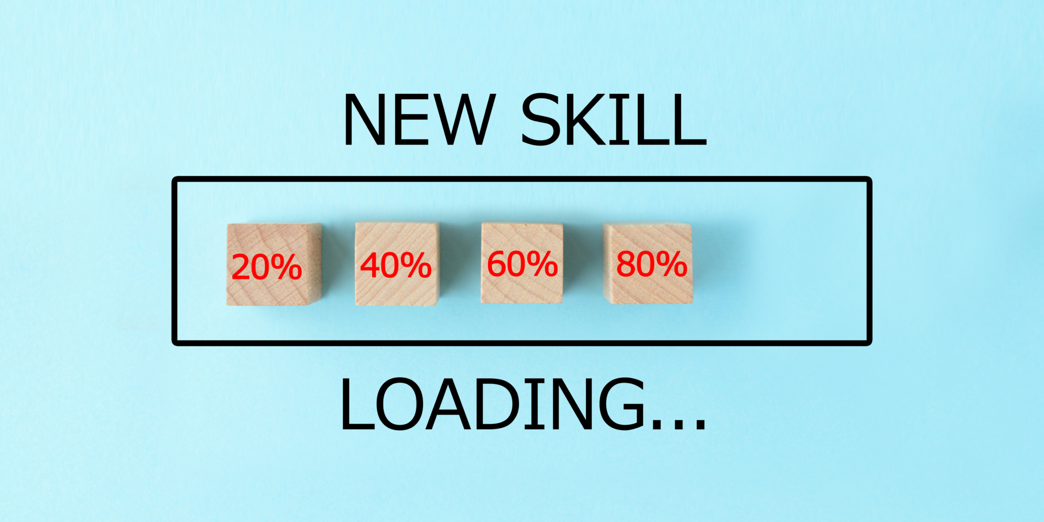 Eine Grafik mit vier Holzwürfeln, auf denen steigende Prozentzahlen gedruckt sind und der Text "New Skill loading" steht